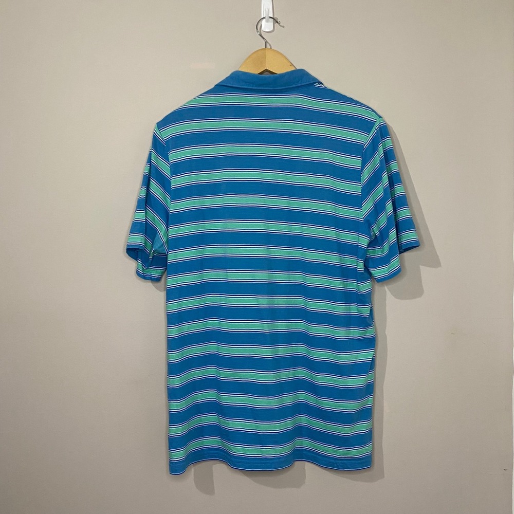 Criquet Mens Players Shirt Large Blue Green Striped Organic Cotton Polo Pocket - Picture 2 of 4